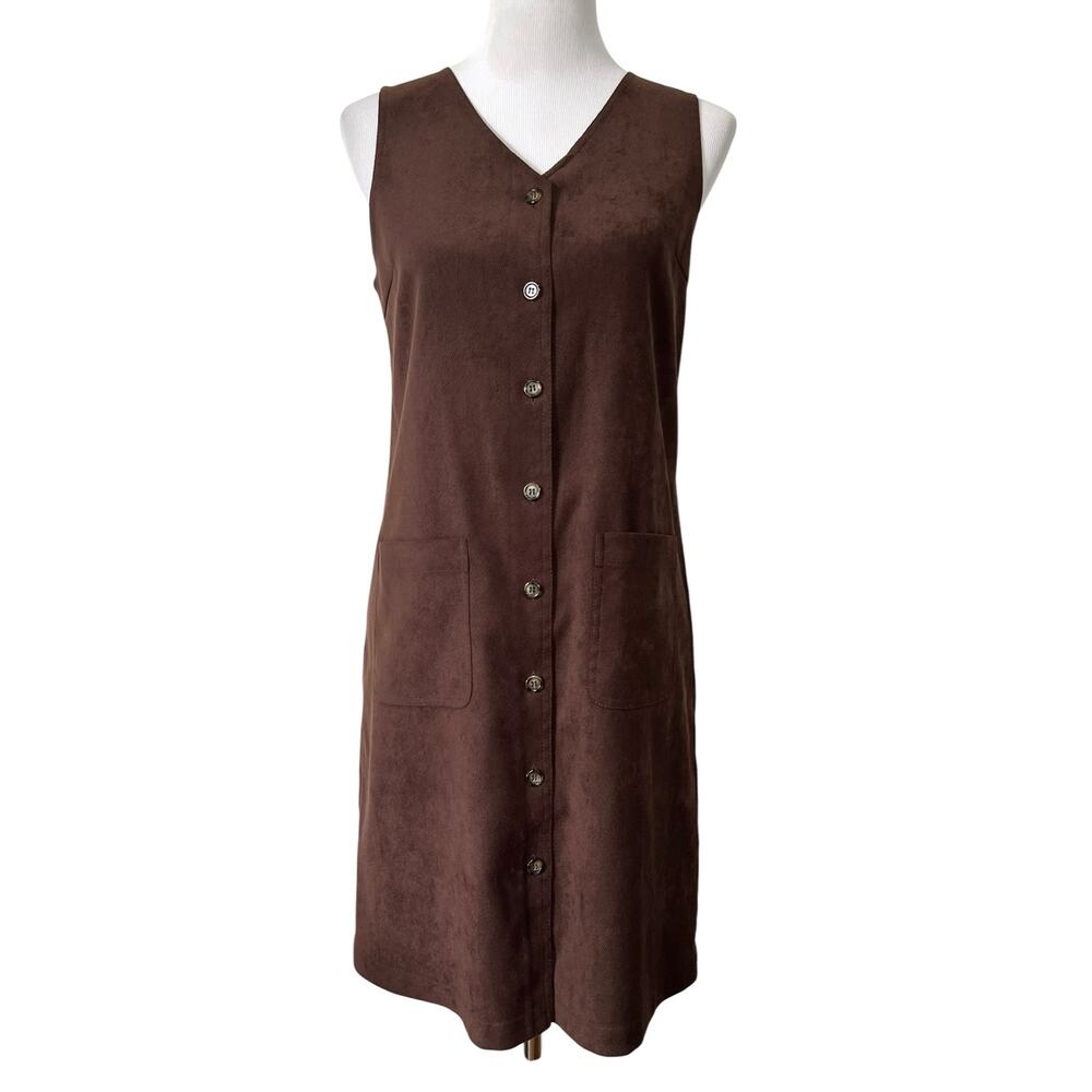 Talbots Sleeveless Shift Dress Button Front Jumper Brown Patch Pockets Womens 4